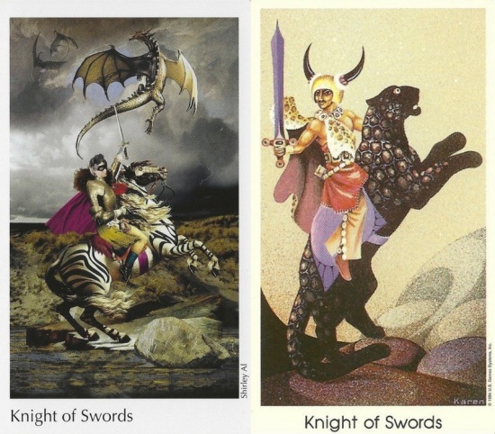 Knight of Swords from The Elora Tarot conveived by Shelley Carter, this artwork by Shirley Al; and Tarot of the Cat People by Karen Kuykendall
